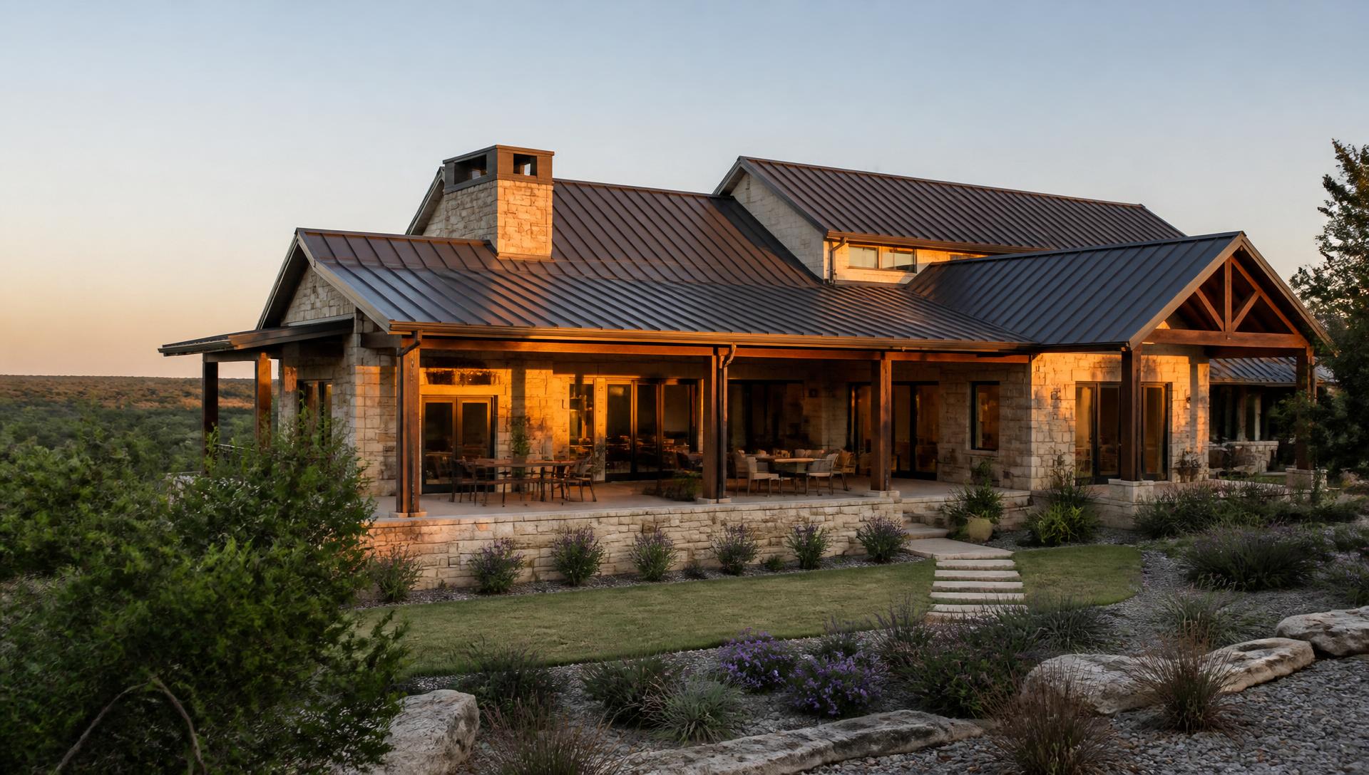 Modern Texas hill country home at golden hour with limestone facade and metal roof